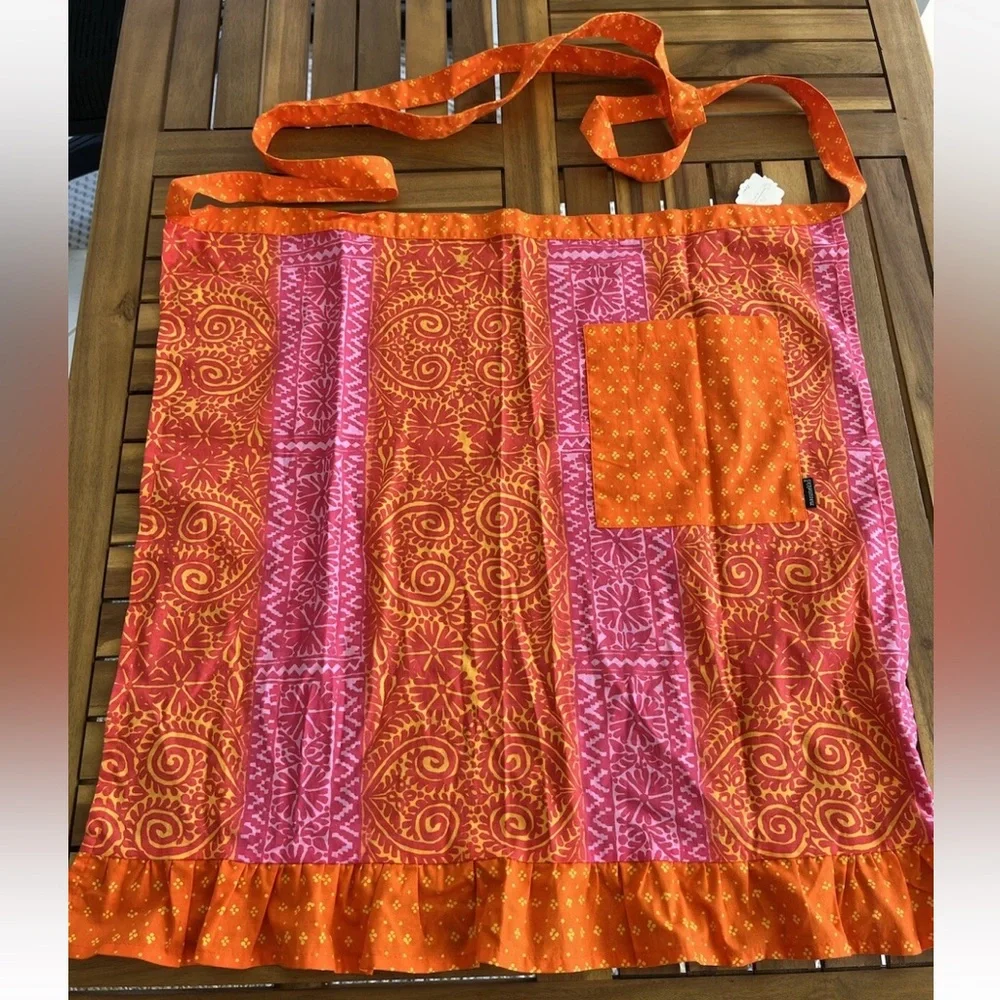 Marimekko Anthropologie Waist Apron Retro 50s 60s Red Orange Pink Pocket Kitchen